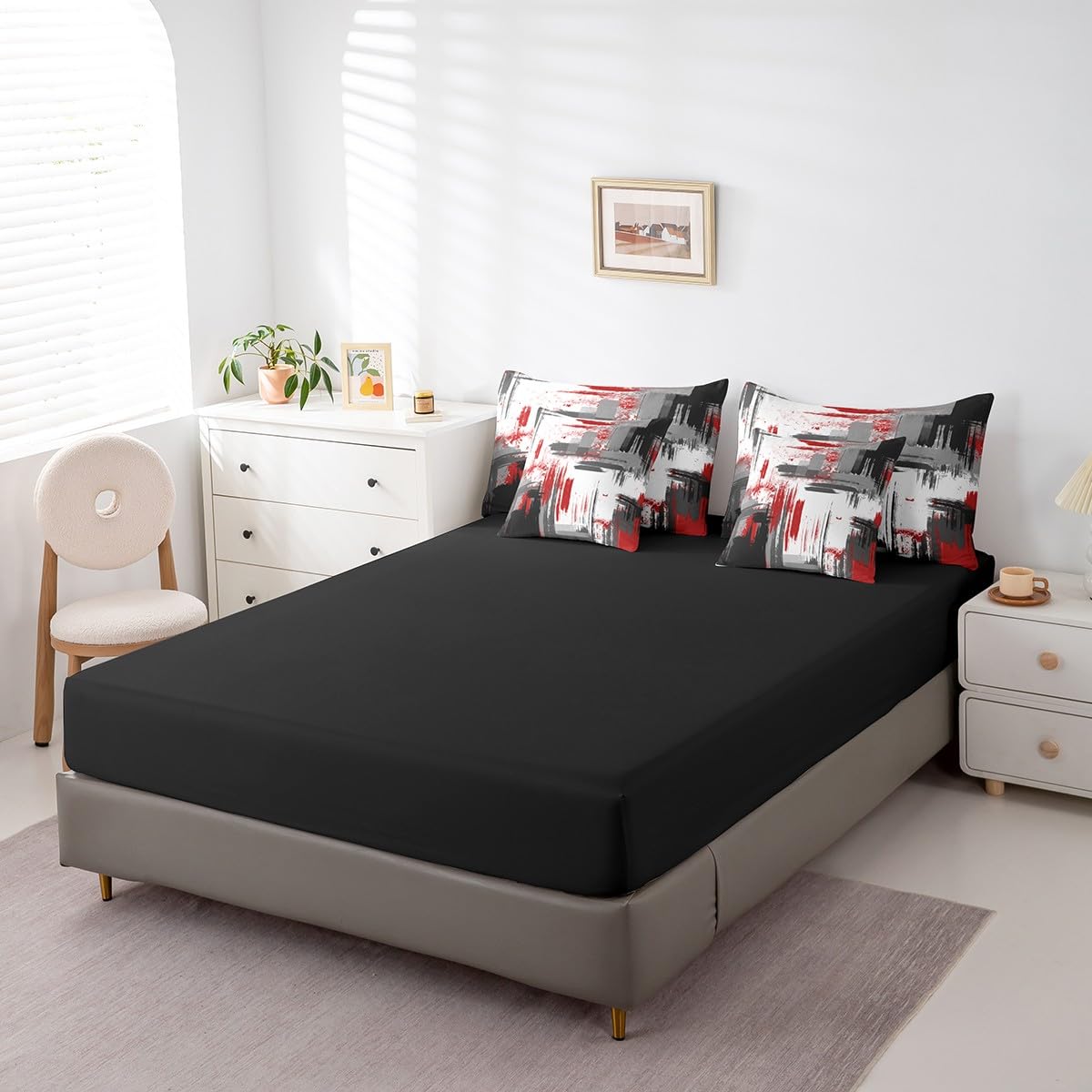 Feelyou Abstract Bed Set Includes Comforter, Sheet Set, Pillowcases & Pillow Covers Modern Abstract Art 7 Piece Bedding Set Children Red Grey Black Pattern Bedding Set Queen Size