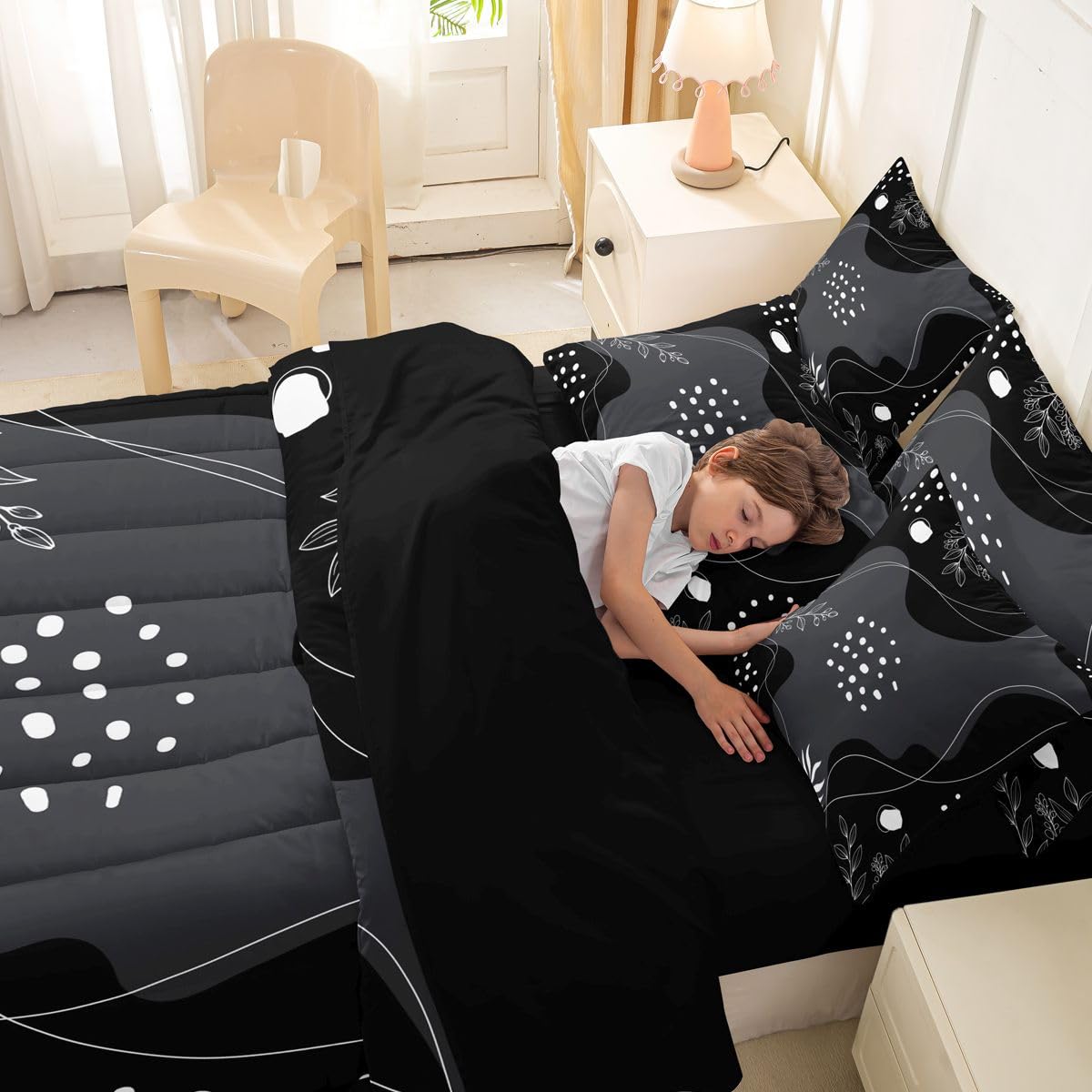 Erosebridal Mid Century Modern Comforter Set 7 Piece Bed in a Bag Twin Boho Black Grey Bedding Sets Simplistic Geometrical Comforter and Sheet Set, Geometric Lines Bed Sets