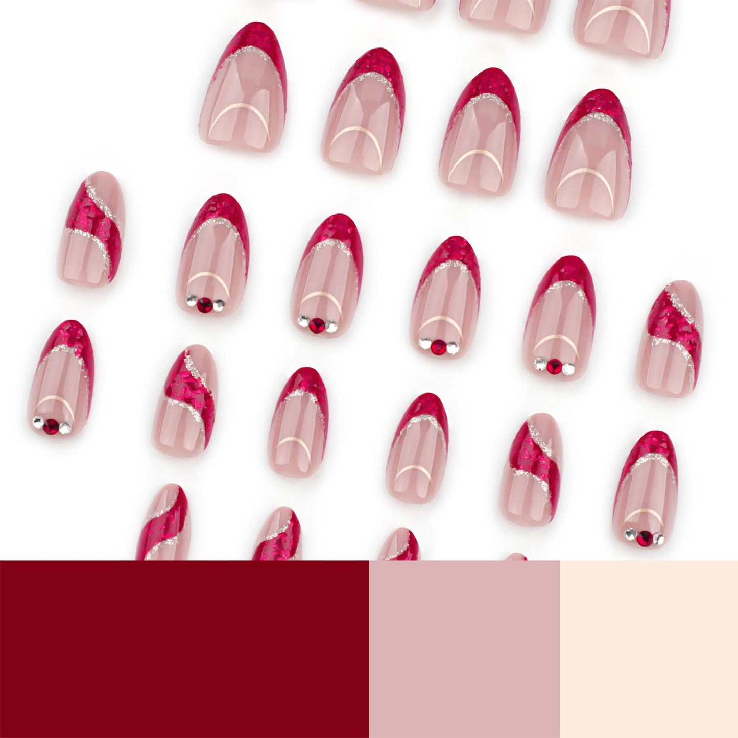 French Tip Press on Nails Short Almond Fake Nails Red Gold Foil Stripes Rhinestone Glitter Stick on Nails Reusable Full Cover with Jelly Glue False Nail for Women 24Pcs