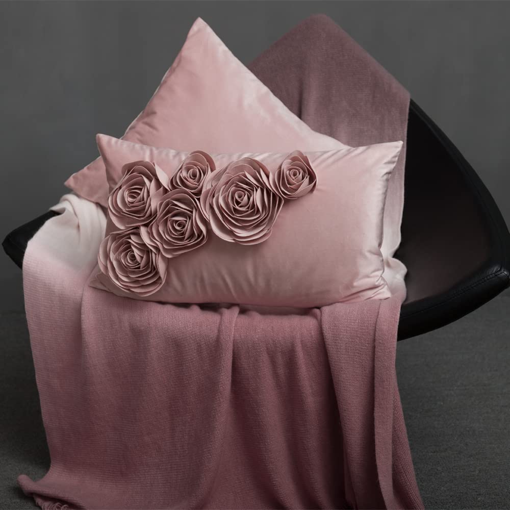JWH 3D Flower Throw Pillow Cover Decorative Handmade Floral Pillow Case Soft Velvet Pillowcase Lumbar Cushion for Bed Living Room Chair Couch Decor Shams 12x20 Inch Rose Gold