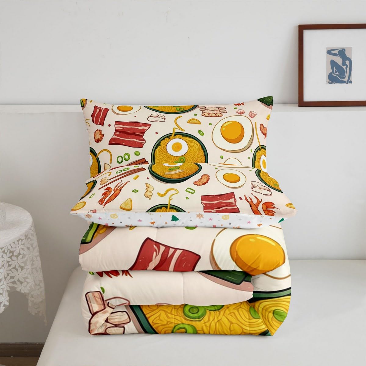 Erosebridal Ramen Noodle Queen Comforter Set,Japanese Food Bedding Set Ramen Gifts for Kids Boys Girls,Funny Food Quilt Bed Set Anime Style Bedding Comforter Sets with 2 Pillowcases Room Decor