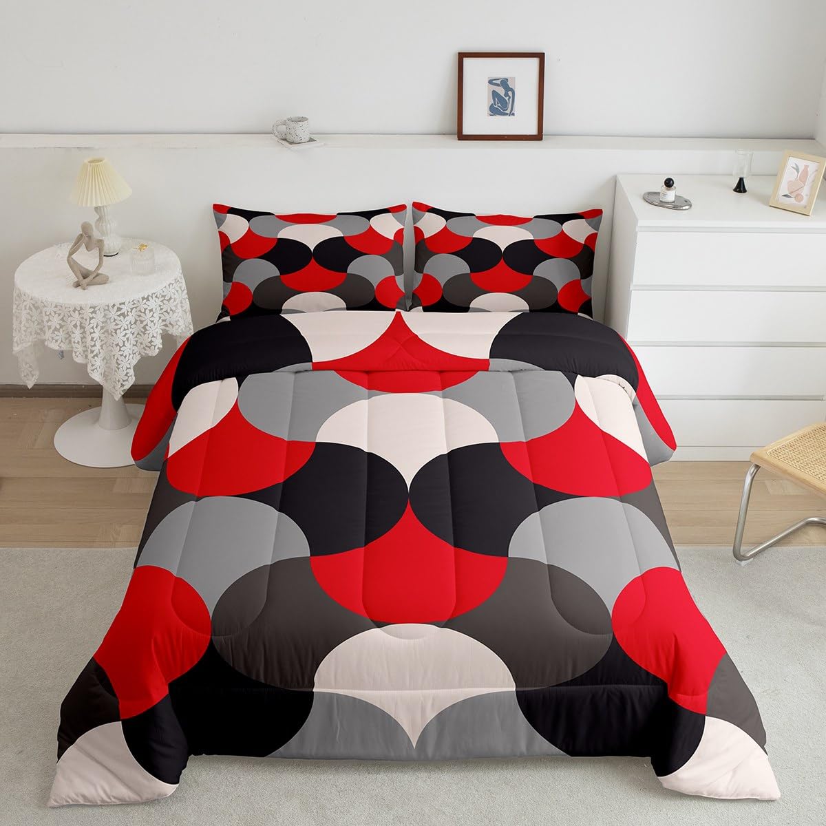 Feelyou Geometric Print Bedding Set Geometric Red Grey Black Comforter Set for Kids Boys Girls Teens Decor Modern Art Comforter Luxury Abstract Art Duvet Set Queen Size