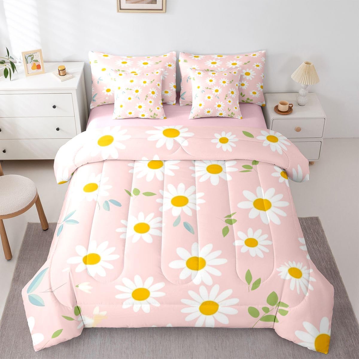 Erosebridal Cute Daisy 7-Piece Bedding Set Twin Size for Teen Girls White and Pink Comforter Set with Sheets for Kids Women Groovy Floral Bed in A Bag Trendy Coquette Flower Bed Sets All Season