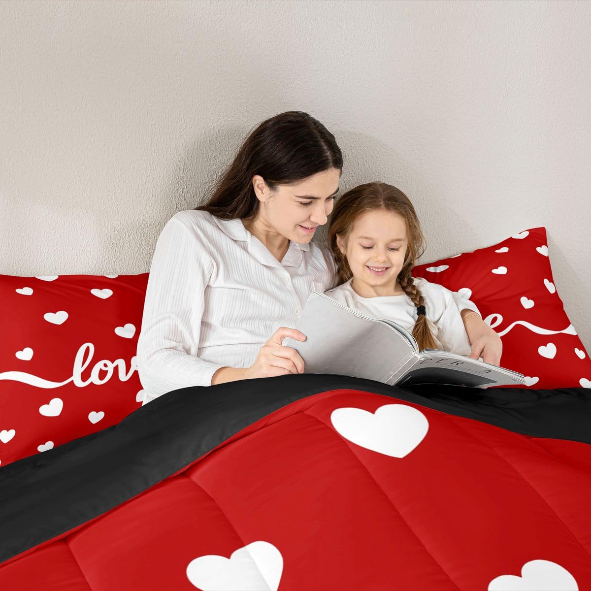 Erosebridal Couples Cute Heart Comforter Set Queen Size Cartoon Love Heart Bedding Set for Men Women Bedroom Romantic Valentine Day Gift Comforter White Red Geometric Quilt Duvet