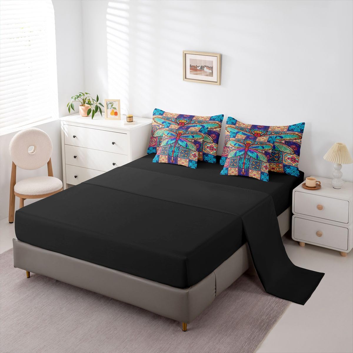Erosebridal Dragonfly Bed in a Bag Queen Comforter Set 7 Piece | Rainbow Mandala Bedding Sets Exotic Bohemian Flower Comforter and Sheet Set, Colorful Medallion Nordic Damask Bed Sets