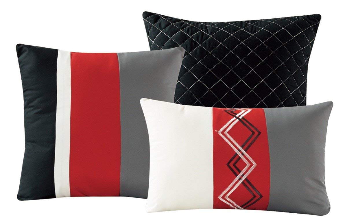 Chezmoi Collection Arden 7-Piece Modern Pleated Stripe Embroidered Zigzag Bedding Comforter Set (Queen, Red/Black/Gray/Off-White)