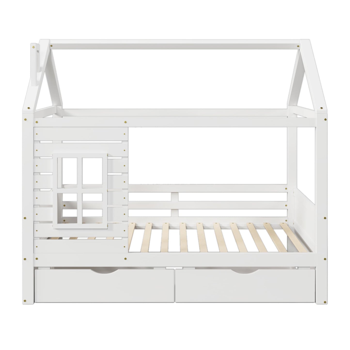 HUMEHA Full Size House Bed for Kids with 2 Storage Drawers, Full Playhouse Bed Frame with Roof and Window, Kids Full Size Bed Frames with Slats, Modern Wooden Montessori Bed for Bedroom, Full-White
