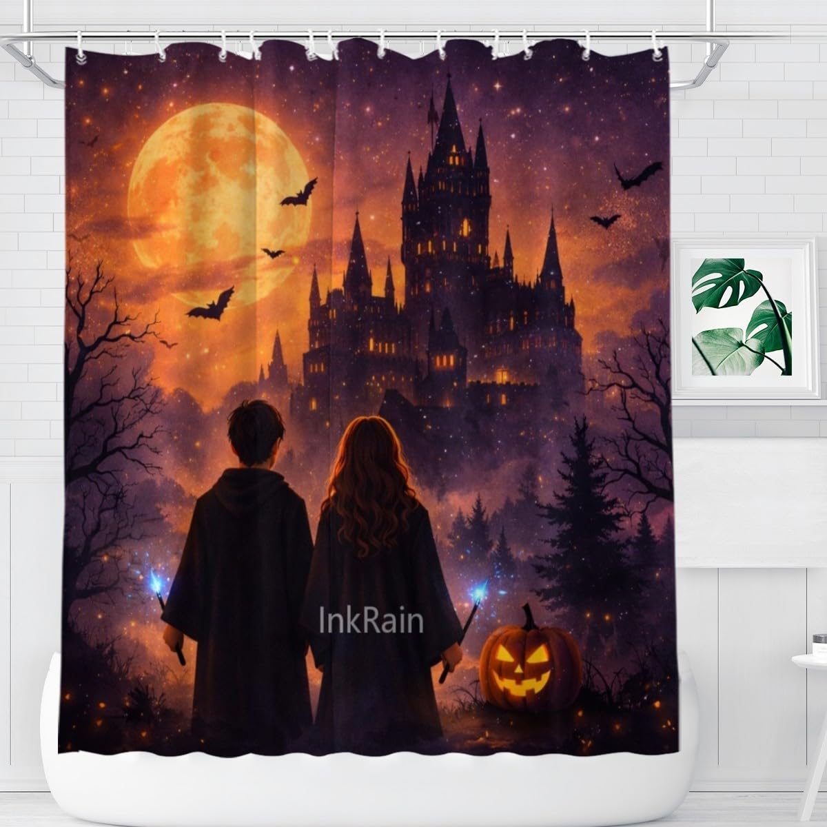 InkRain Halloween Shower Curtain 72x80 Inch with 12 Hooks, Spooky Moon Night Design, Gothic Halloween Bathroom Decor, Waterproof Fabric Bath Curtain for Home Bathroom