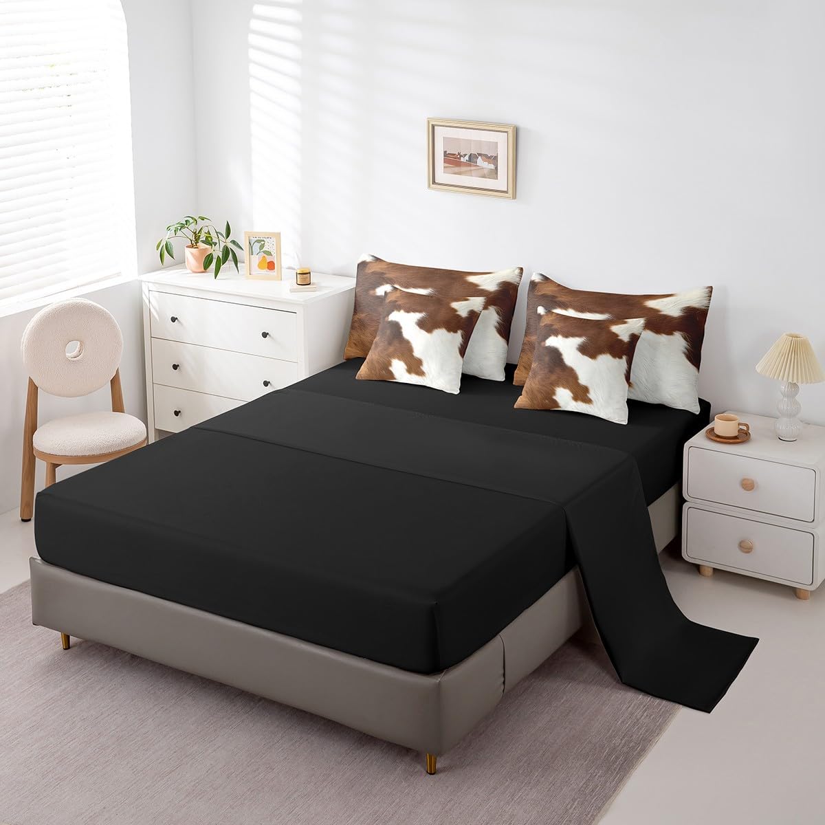 Erosebridal Cute Cow Print King Bedding Set 7 Piece for Boys Brown White Cowhide Bed in A Bag for Kids Teens Youth Adult Wildlife Animal Skin Comforter Set with Sheetwestern Cowboy Bed Sets