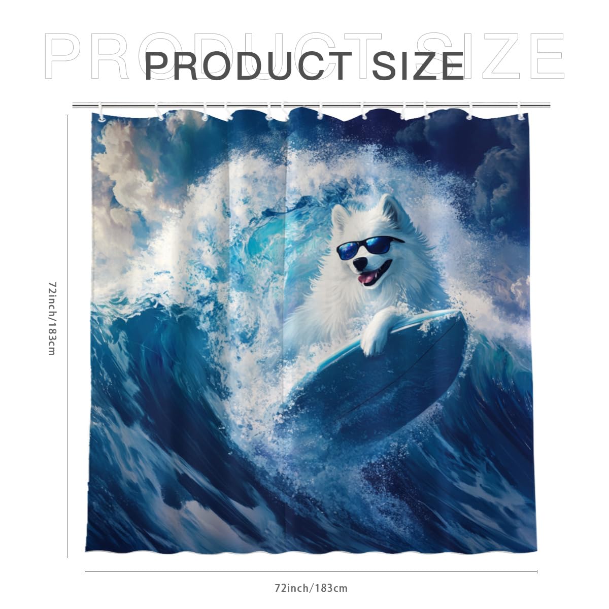 KEEPAEON Surfing Samoyed Shower Curtain, 72x72 Inch, Waterproof Polyester Fabric with 12 Hooks, Fun Beach-Themed Bathroom Decor Summer Shower Curtain