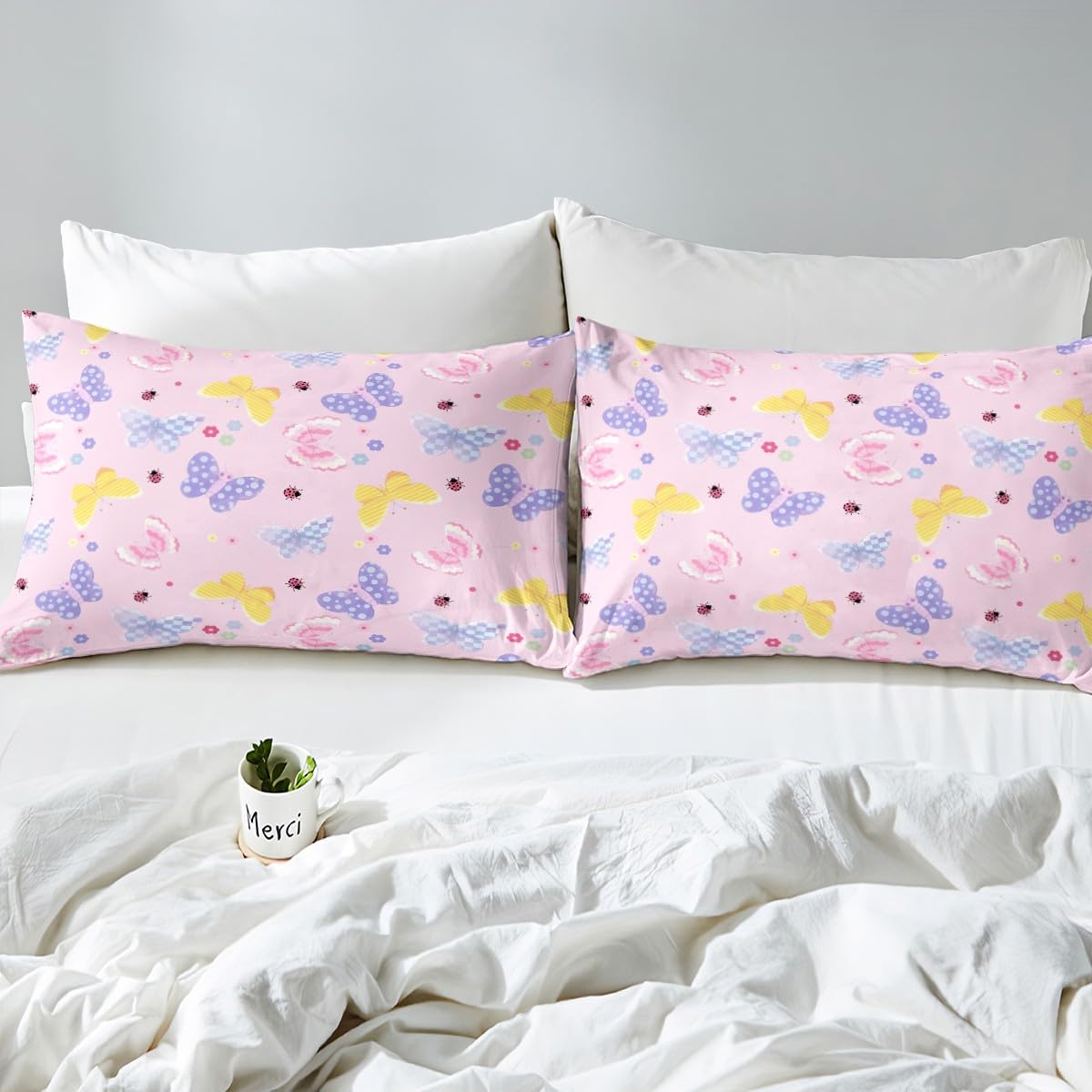Feelyou Butterflies Fitted Sheet Twin Size for Kids Boys Girls Butterfly Printed Pattern Bed Sheets Set 16" Deep Pocket Cute Flowers Bedding with 1 Pillowcase Purple Blue Checked Room Decor