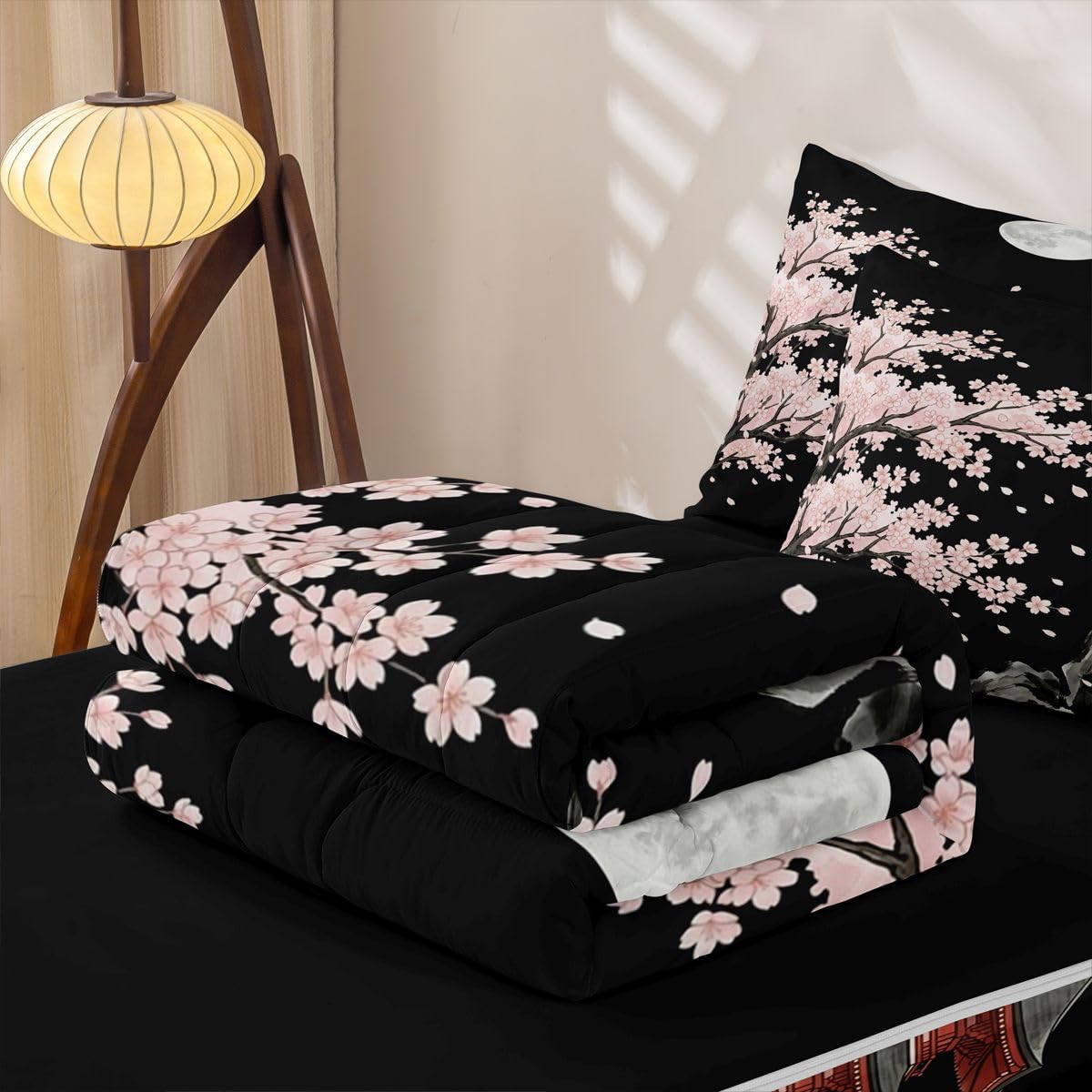 jejeloiu Pink Cherry Zipper Bedding Sets for Kids Boys Girls Japanese Style View Twin Comforter Set with Fitted Sheet Romantic Exotic Bedroom Decor Night Moon Microfiber with 2 Pillow Cases