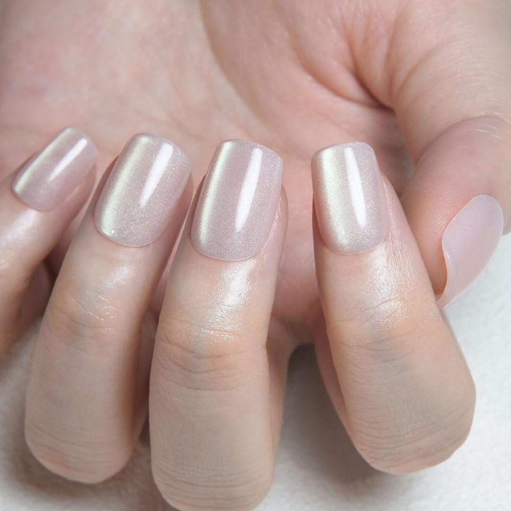 evpct Aurora Nude Cat Eye Extra Short Square No Glue Press on Nails, Petite Short Square Stick on Nails for Women, Nude Glossy Holographic Fake Nails Reusable Press on Acrylic Fake Nail with Designs