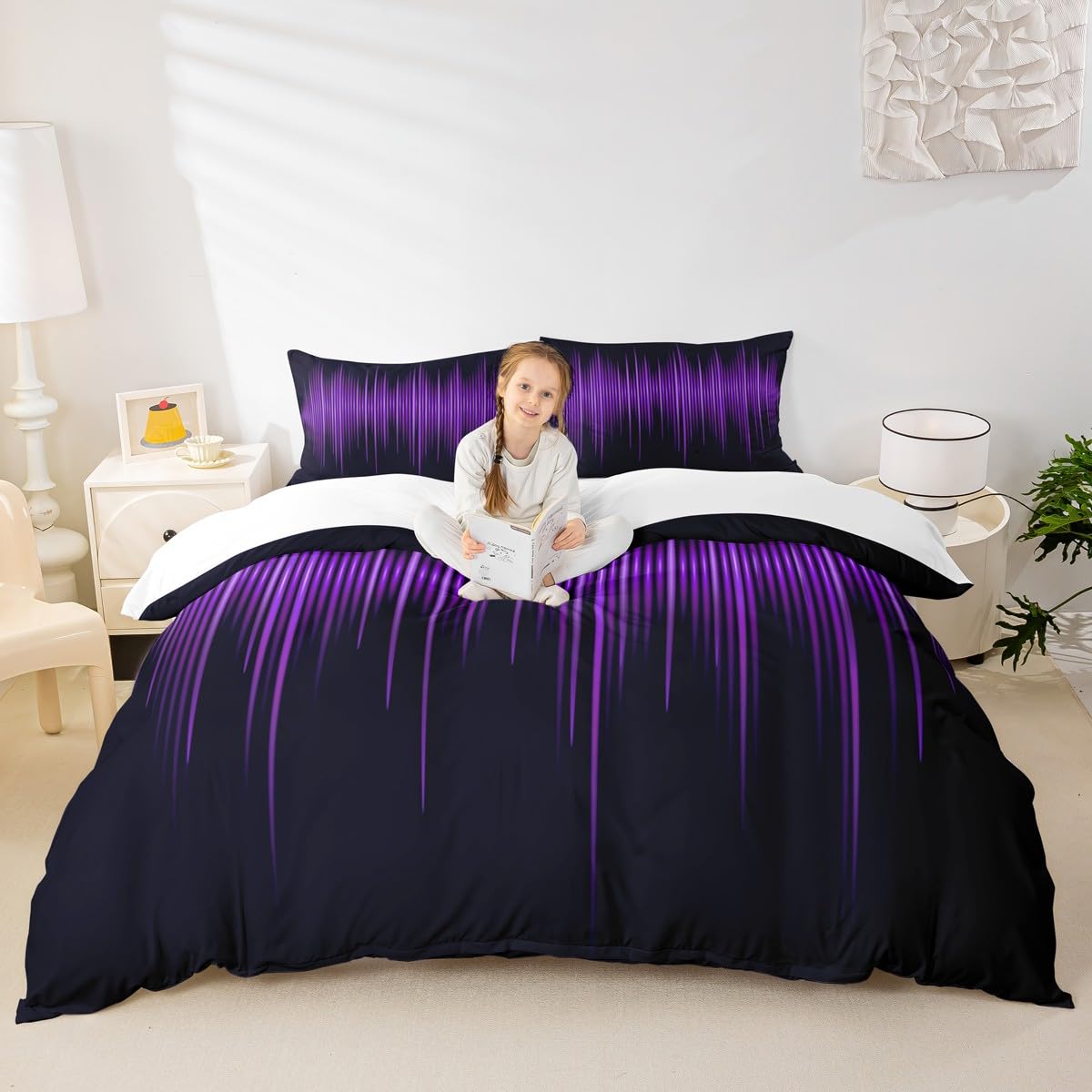 Geometric Abstract Stripes Kids Duvet Cover Set King Size,Purple Gradient Lines Bedding Set,Boys Girls Adults Bedroom Decor,Modern Stylish Comforter Cover,Black Simple Quilt Cover,3pcs,2 Pillowcases