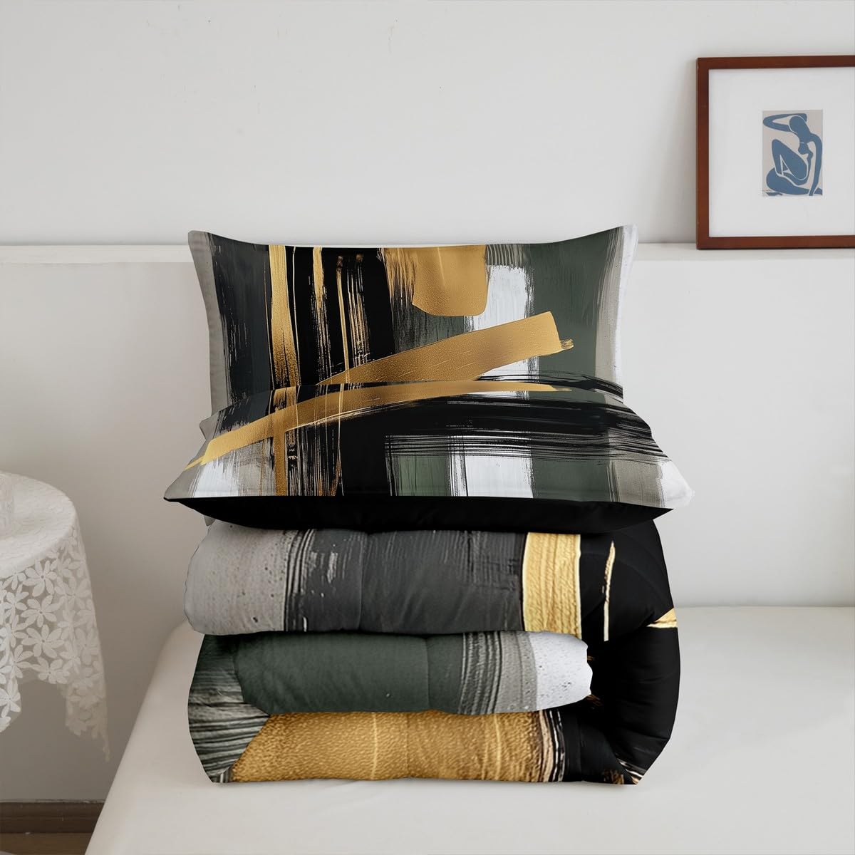 Feelyou Kids Abstract Art Comforter Set Queen Size Geometric Duvet Quilt for Boys Girls Teens Gold Modern Art Bedding Set Bedroom Decor Breathable Soft Lightweight Microfiber 3Pcs