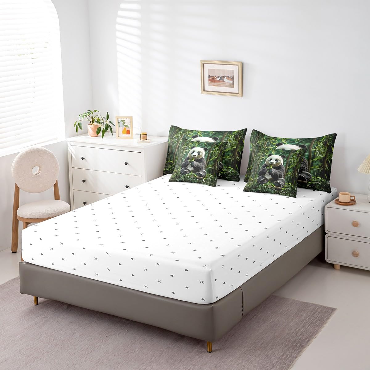 jejeloiu Cute Panda Comforter Set 7 Pieces Full Size Kids Panda Bear Printed Bed in a Bag for Boys Girls Animal Bedding Set Wild,Comforter + Sheets + Pillowcases + Cushion Covers