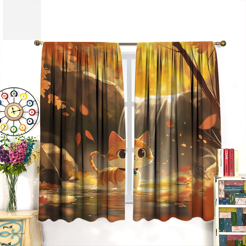 SOPIYRIO Modern Cartoon Cat Blackout Window Curtains Abstract Waterfall Fantasy Forest Animals Rod Pocket Curtains for Bedroom Thermal Insulating Drapes for Living Room 2 Panels 21 W x 45 L inch