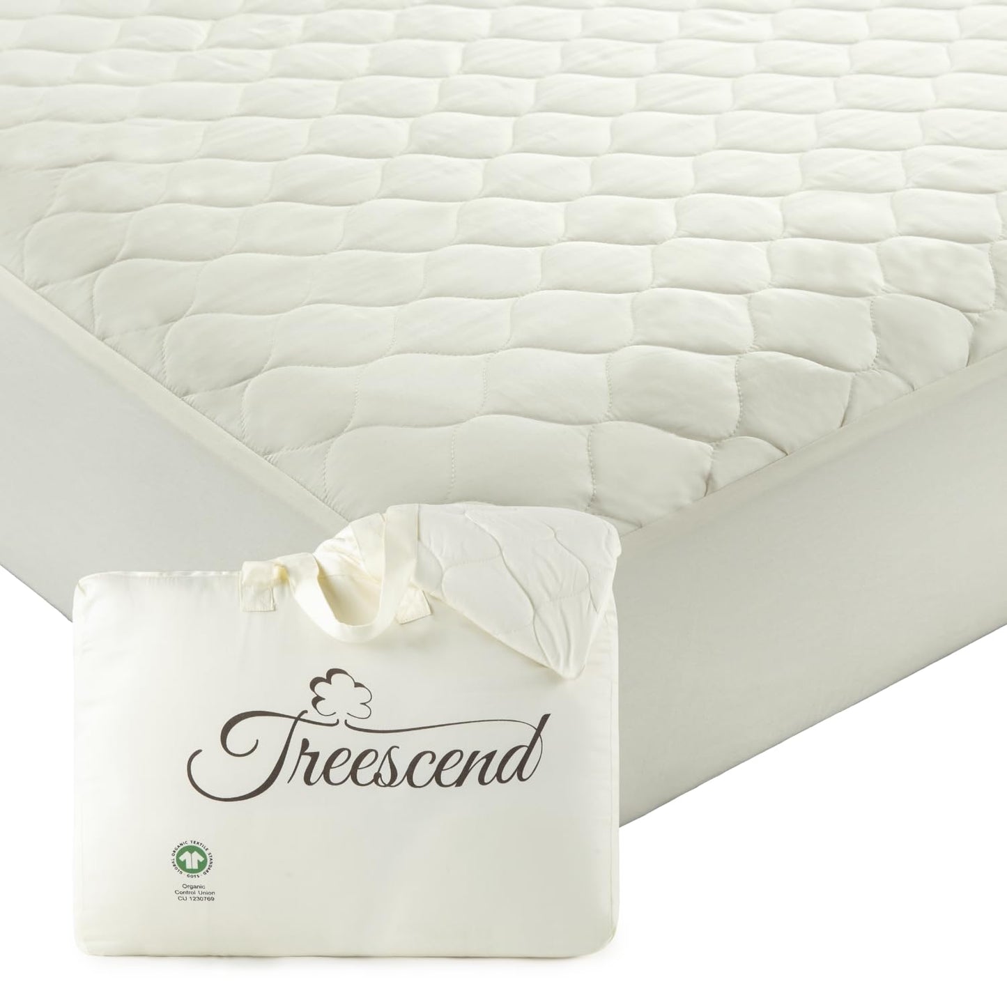 100% Cotton Organic Mattress Protector | Breathable & Noiseless GOTS Organic Mattress Pad with Premium 300GSM Durability | Machine Washable Quilted Bed Protector with Deep Pocket (Ivory, King)