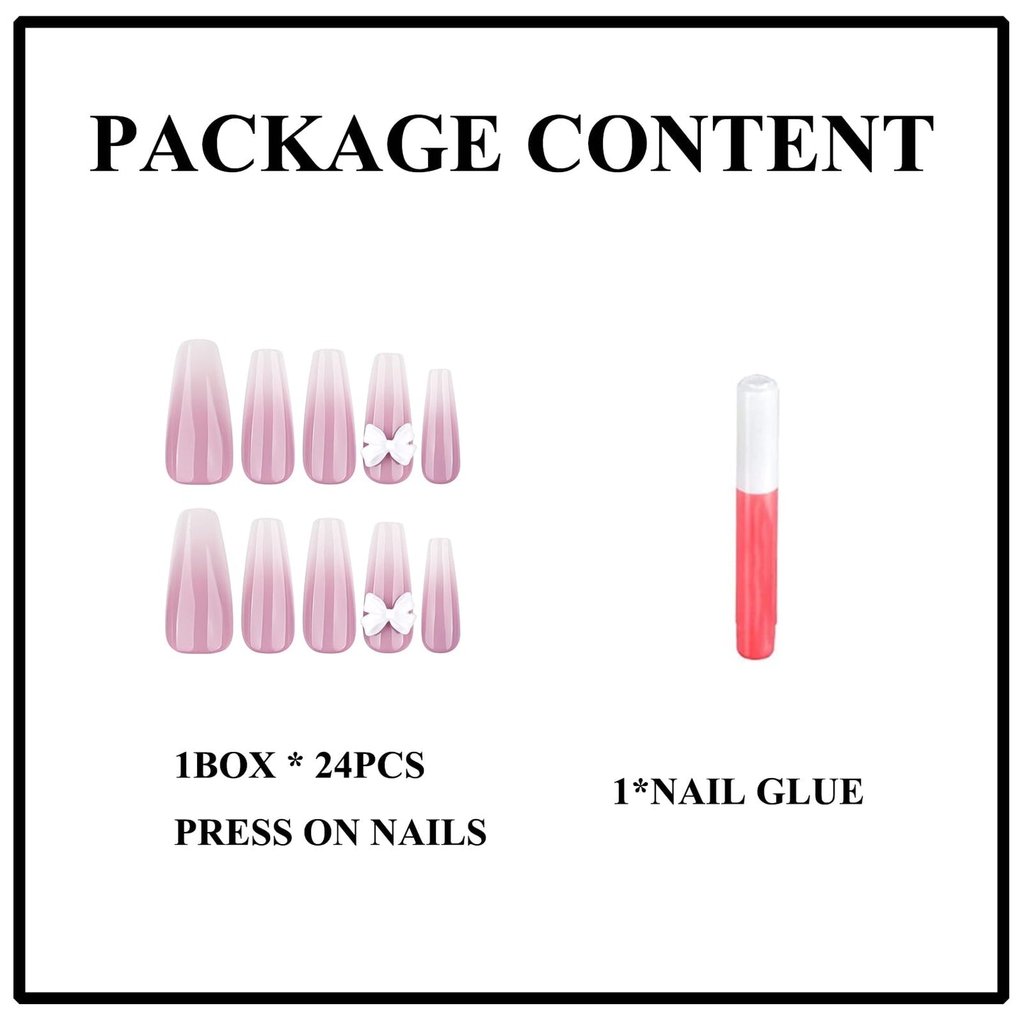 MERVF Long Press on Nails Coffin - White Ombre French Tip Fake Acrylic Nail Glue ons, 3D Bow Design 24pcs Glossy Finish