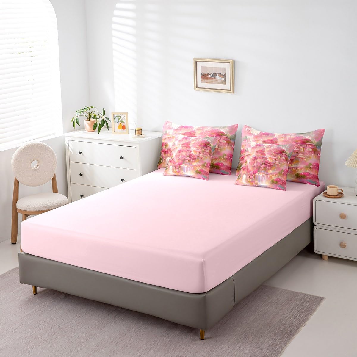 Erosebridal Rose Castle Comforter Set King,Dreamy Sea of Floral Bedding Set 7Pcs for Kids Girls Teens,Princess Fantasy Mysty Bed in a Bag