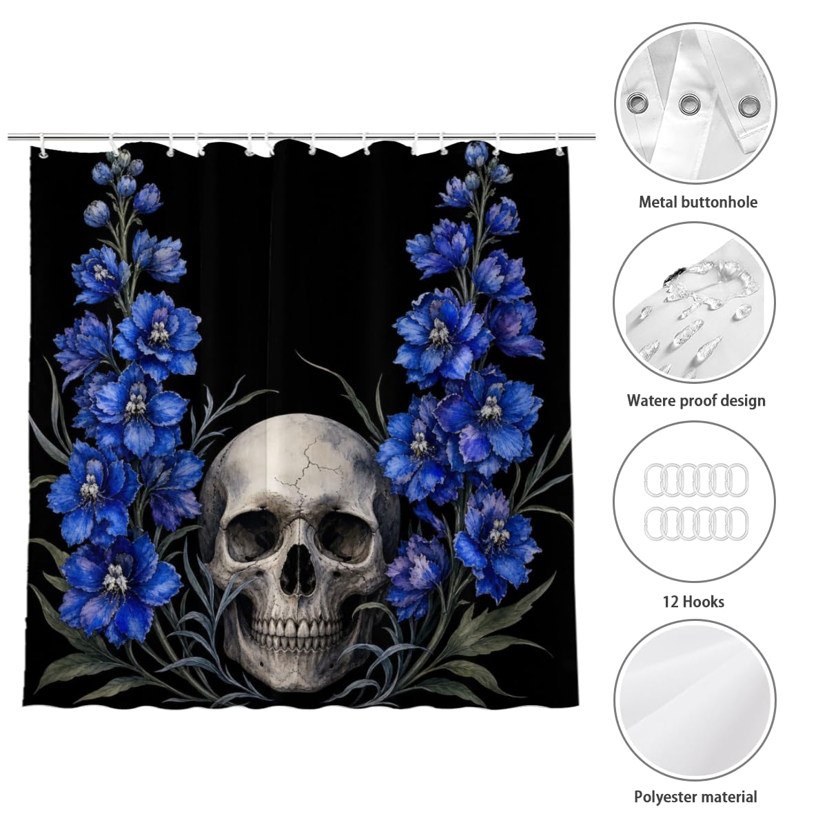 TopPacific Skull Blue Delphinium Shower Curtain 72x72 Inch Shower Curtain with 12 Hooks Polyester Skull Blue Delphinium Flowers Black Background Bathroom Decor