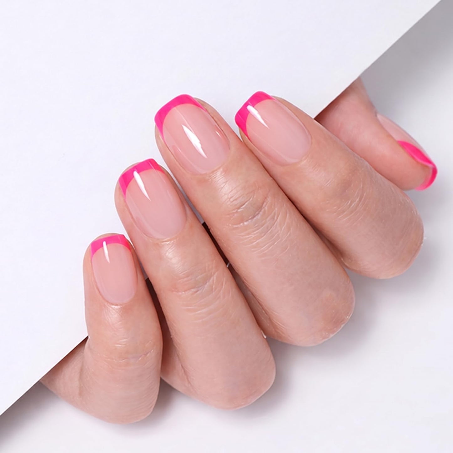 UNA GELLA 32Pcs Soft Gel Press on Nails - 16 Sizes Hot Pink French Tip Short Square Glue on Nails, Reusable Nude Pink False Nails, Full Cover Acrylic Nail Kit for Women DIY Home Manicure