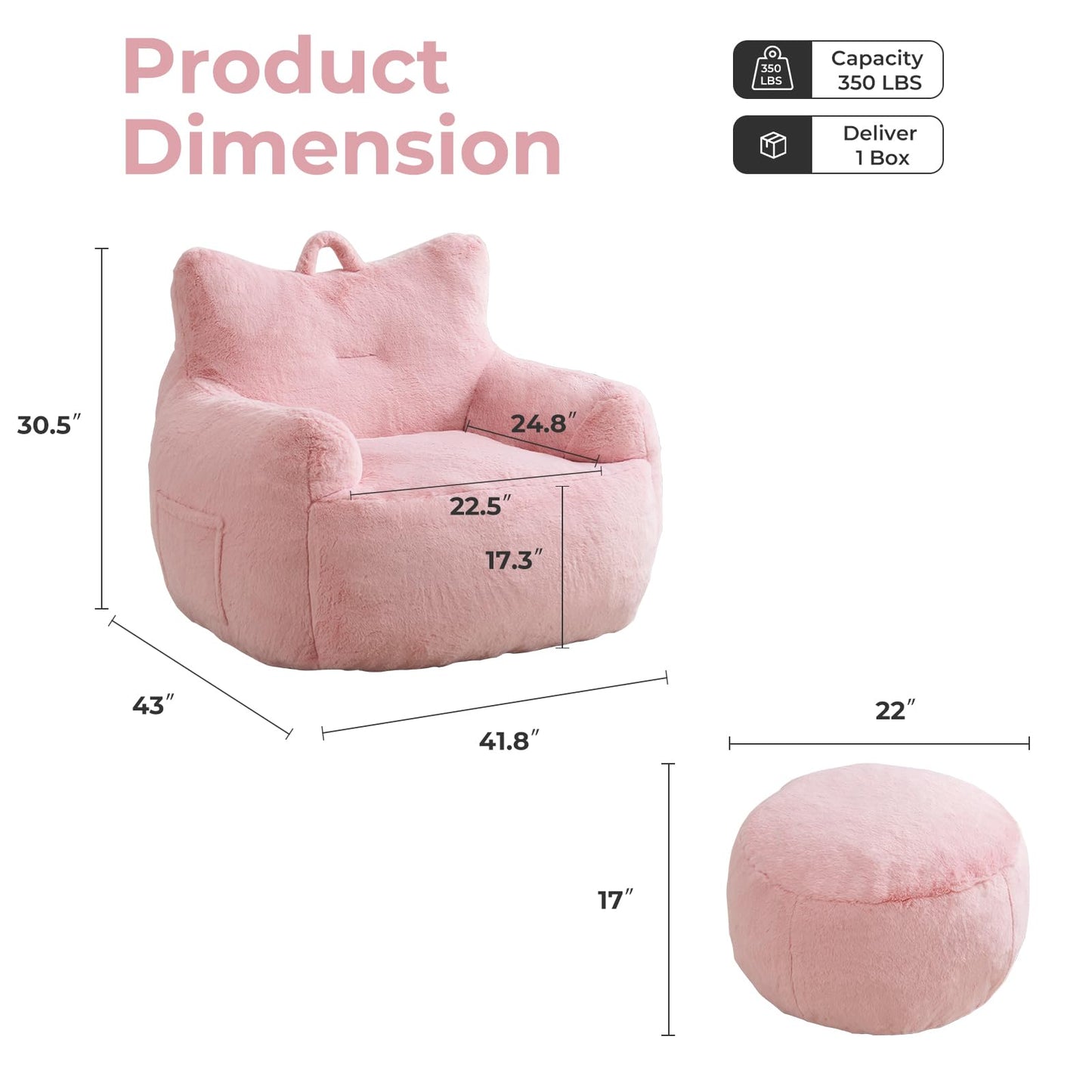 Giant Bean Bag Chair for Adults with Ottoman, Oversized Bean Bag with Filling Plush Fluffy,BeanBag Lazy Sofa Couch with Armrest for Living Room, Stuffed Floor Sofa with Sidepocket for Bedroom, Pink