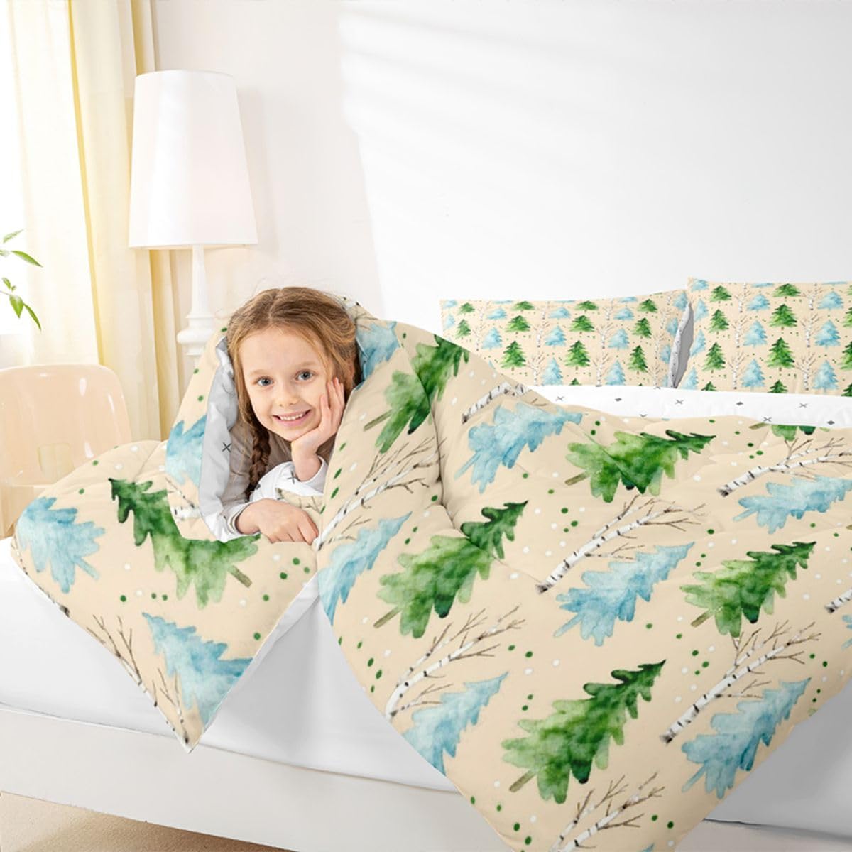 Erosebridal Pine Tree Comforter Set Spring Botanical Garden Full Size Bedding Sets for Young Boys | Christmas Trees Boho Plant Comforter Farmhouse Christmas Bed Set, Kawaii Room Decor Aesthetic