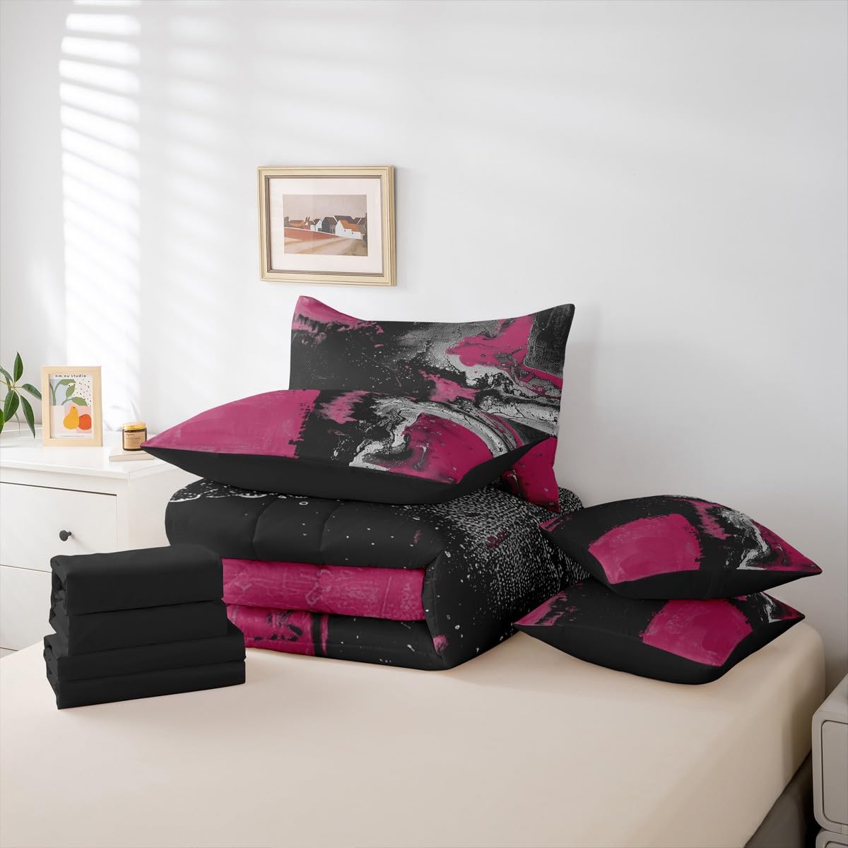 Feelyou Abstract Comforter Set King Size 7 Pieces Modern Abstract Art Bedding Set Luxury Bed in a Bag with Comforter, Sheets, Pillowcases, Cushion Covers Geometric Bedroom Decor Dark Rose Black
