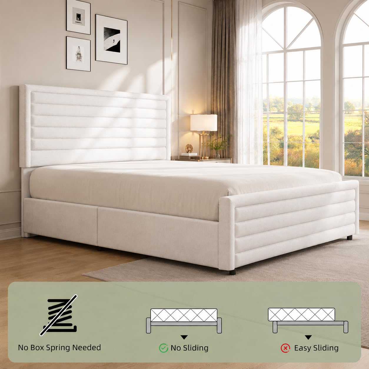 REVOMINCA Full Size Bed Frame, Full Platform Bed Frame with Velvet Upholstered Headboard, No Box Spring Needed, Easy Assembly, White