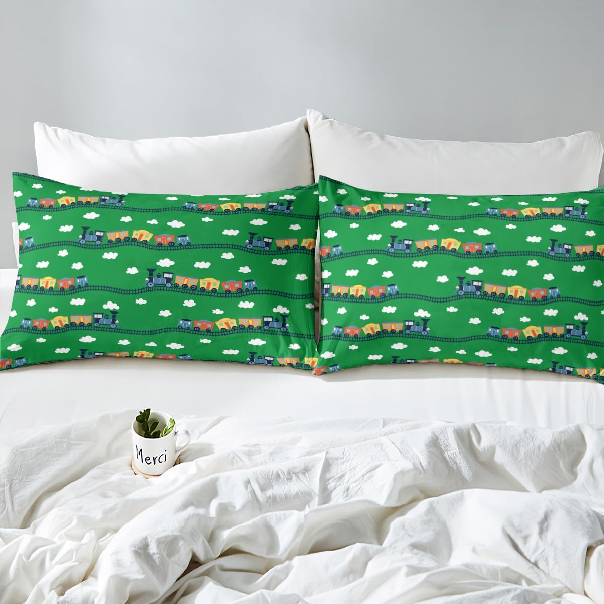 Erosebridal Locomotive Train Sheet Set Queen,Cartoon Steam Engine Truck Sheets for Boys Girls Colorful Railway Car Vehicles Bed Sheets Set with 2 Pillowcases