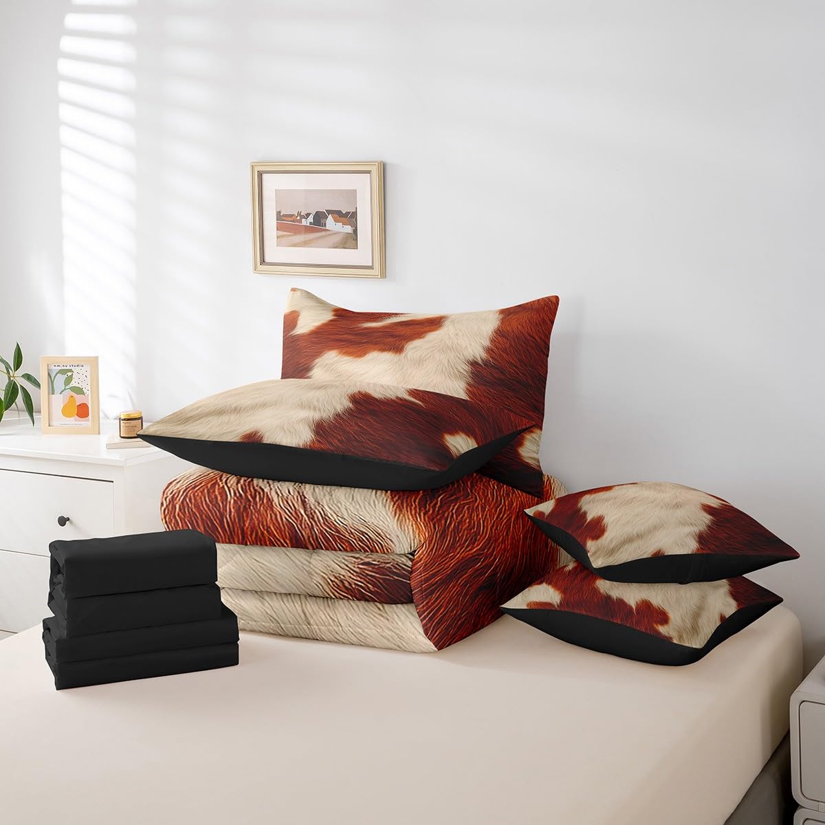 Erosebridal Brown Cowhide Bed in A Bag King Size Cow Print Kids Comforter Set 7 Piece Rustic Western Cowboy Bedding Set for Boys Teens Adult Bedroom Decor Farm Animal Fur Farmhouse Sheets