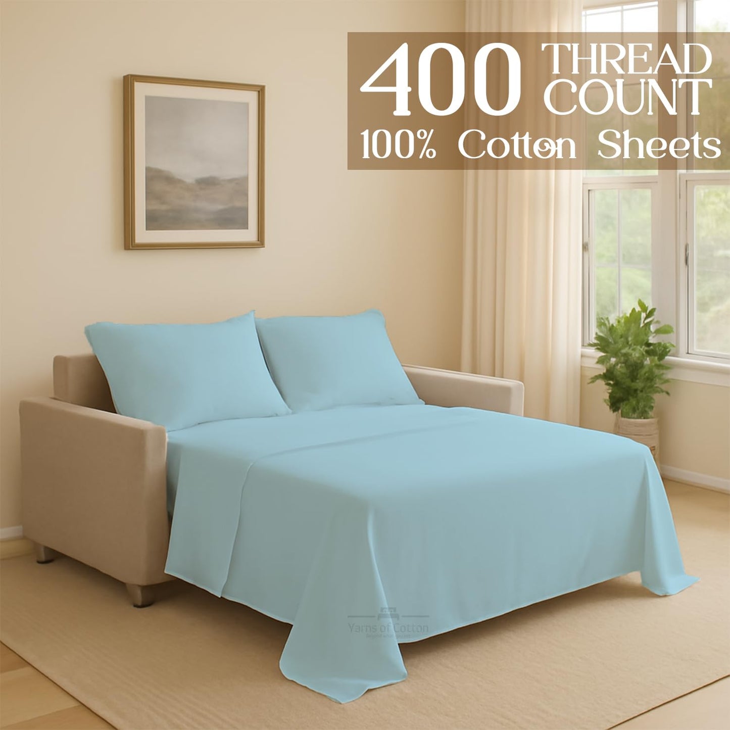 Sleeper Sofa Bed Sheet, 100% Cotton 400 Thread Count, 4 Piece Set, Deep Pocket Fitted Sheet, Soft Wrinkle Free & Breathable, Luxury Hotel Quality, Fits Up to 6 Inch Mattress (Full, Light Blue)