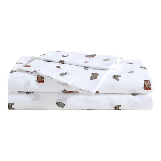Eddie Bauer - Sheet Set, Luxurious Cotton Percale Bedding with Matching Pillowcase, Crisp & Cool, Fully Elasticized (Buddy Camping Allover White, Twin)