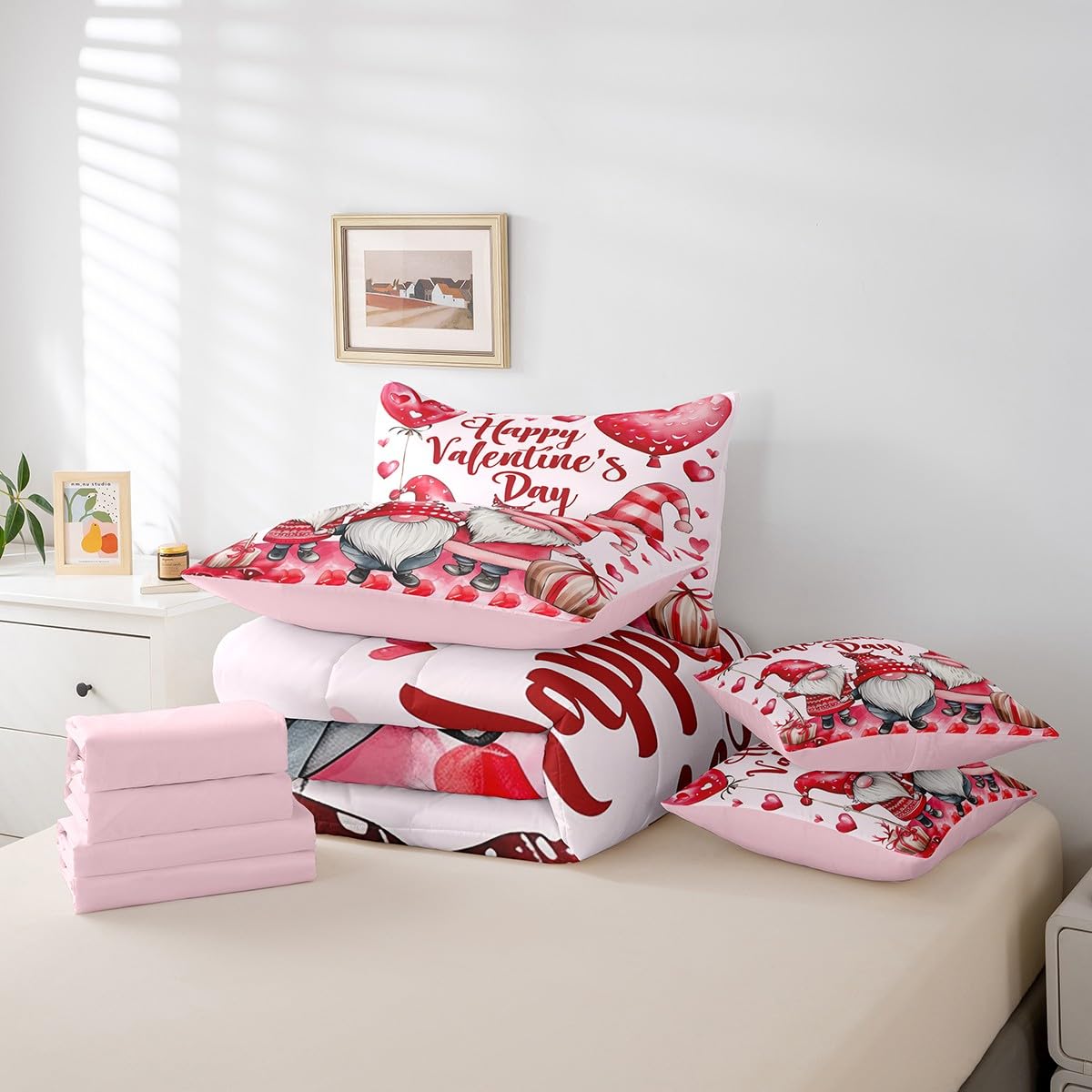 Erosebridal Valentine Day Gnomes Queen 7 Piece Comforter Set - Cute Gnome Bedding Set with Fitted + Flat Sheet, Pink Romantic Love Bed in a Bag for Kids Girls Women Valentines Bedroom Decor