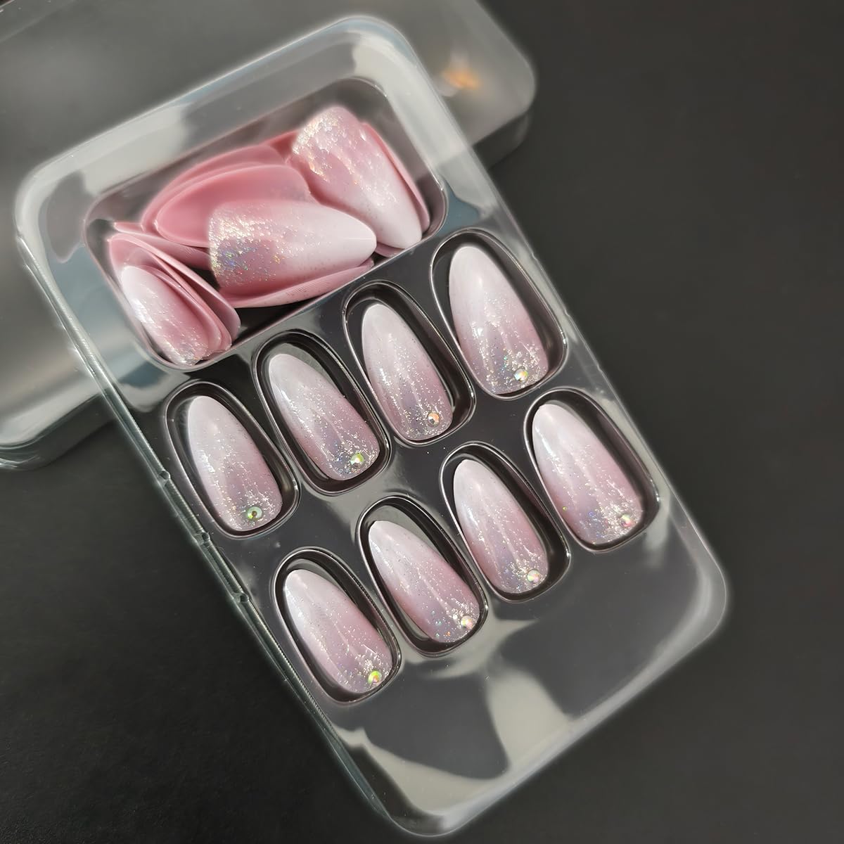 24Pcs Almond Press on Nails Short Nude Fake Nails with Sparkly Rhinestones Glitters Designs Pink White Gradient Glue on Nails Full Cover Acrylic False Nails for Women Manicure Decoration