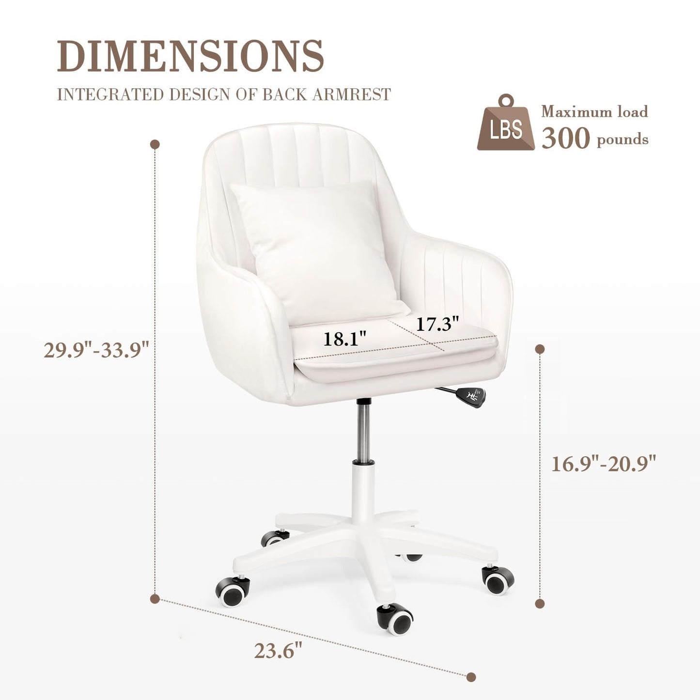 HDHNBA Mid Back Velvet Vanity Chair Swivel Rolling Desk Chair with Wheels, Modern Upholstered Makeup Chair for Women Girls, Computer Task Chair for Bedroom Living Room Office, White