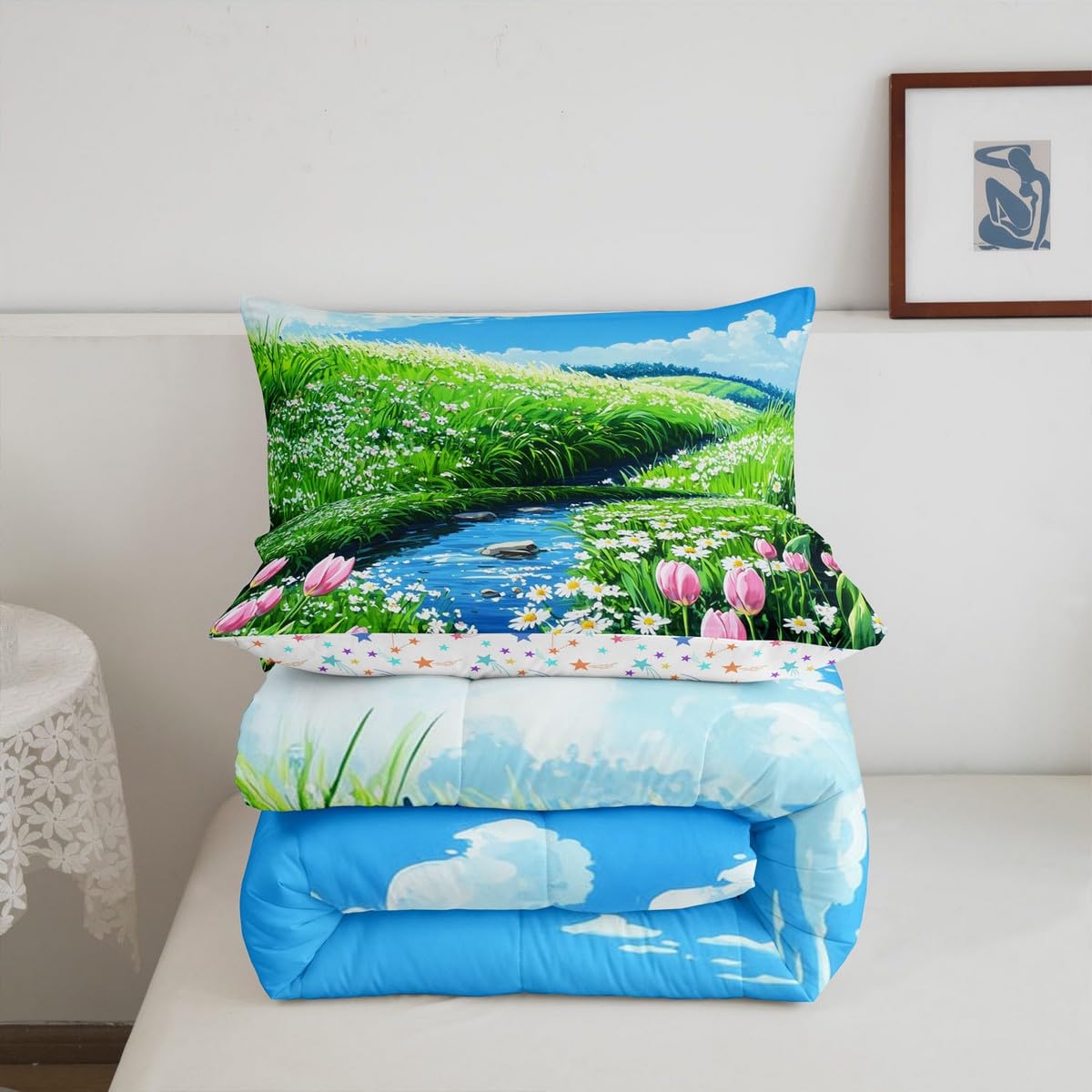 jejeloiu Cute Anime Floral Bedding Set 2Pcs Twin Size Kids Tulip Floral Comforter Set for Boys Girls Flower River Duvet Quilt Soft Lightweight,Microfiber