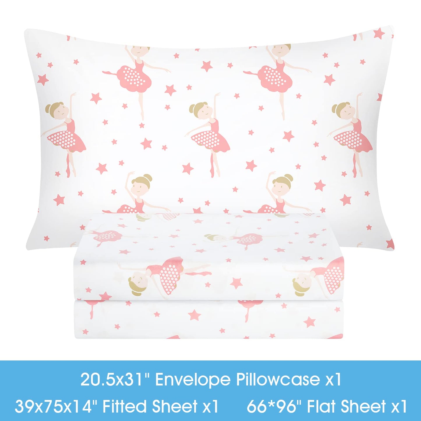 BYSURE Twin Sheets Set Kids(Ballerina, Pink), 3 Pieces Easy Fit Deep Pocket Sheets Set for Girls, Breathable Wrinkle-Free Microfiber Bedding for Children