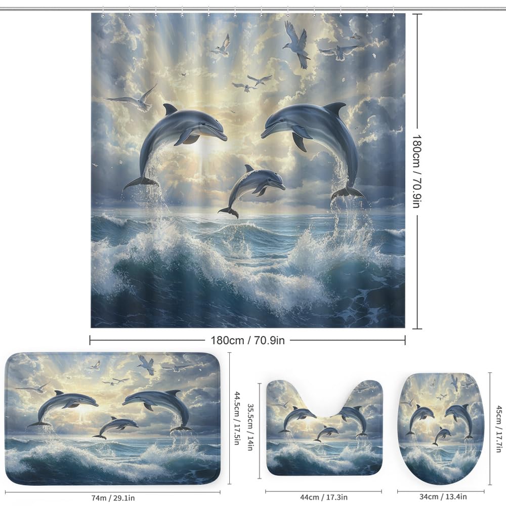 SOPIYRIO Modern Dolphin Waterproof Shower Curtain Set (72x72 Inch) with Non-Slip Bath Rugs, 4 Piece Beautiful Ocean Bird Nature Sunset Bathroom Set Includes U-Shaped Mat & Toilet Seat Cover