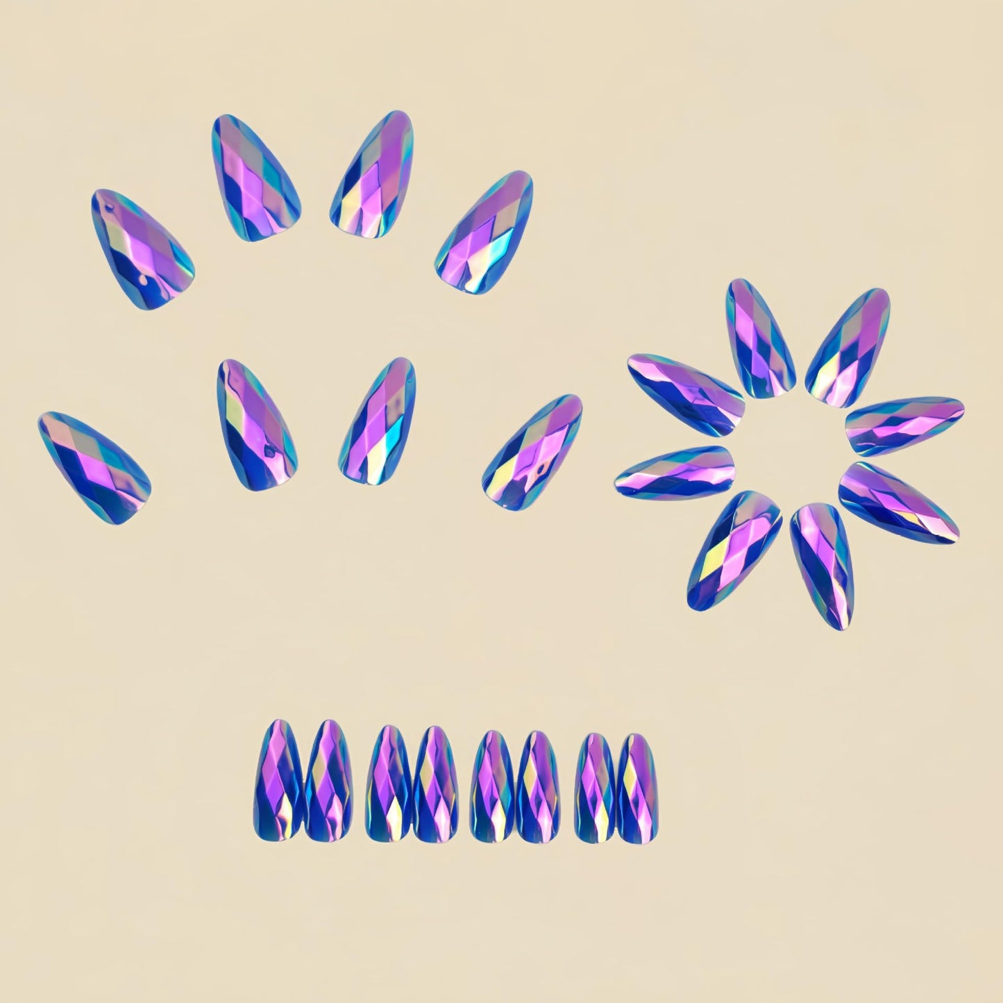 RUOKEXIN Almond Press on Nails Medium Length Fake Nails Purple Chrome False Nails with 3D Rhombus Designs Full Cover Nail Press ons Sparkly Artificial Nails for Women 24Pcs