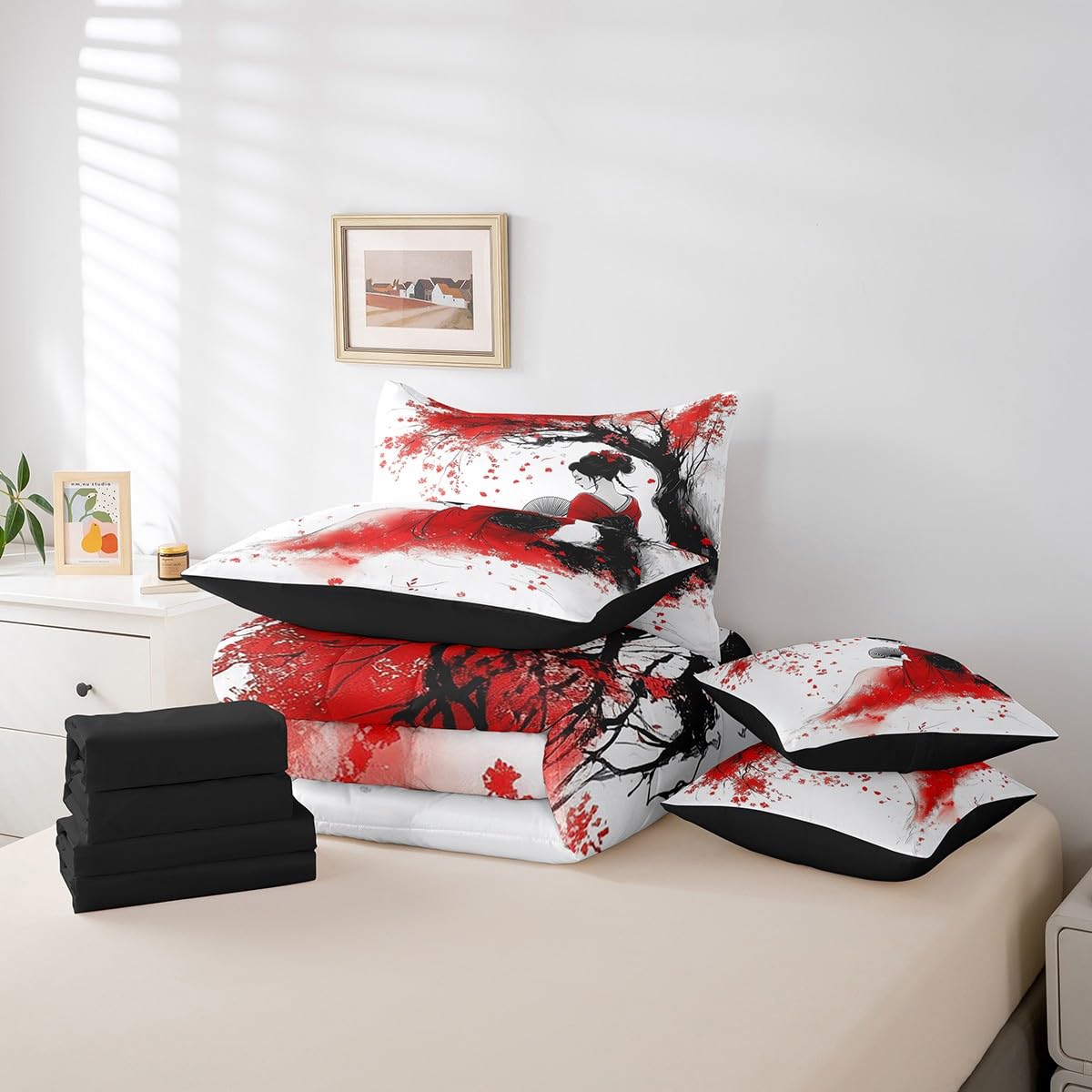 Erosebridal Aesthetic Japanese Geisha Bedding Set 7Pcs,Red Cherry Blossom Comforter Set Twin for Kids Girls Women,Japan Woman Kimono Bed in a Bag,Traditional Ukiyoe Quilt