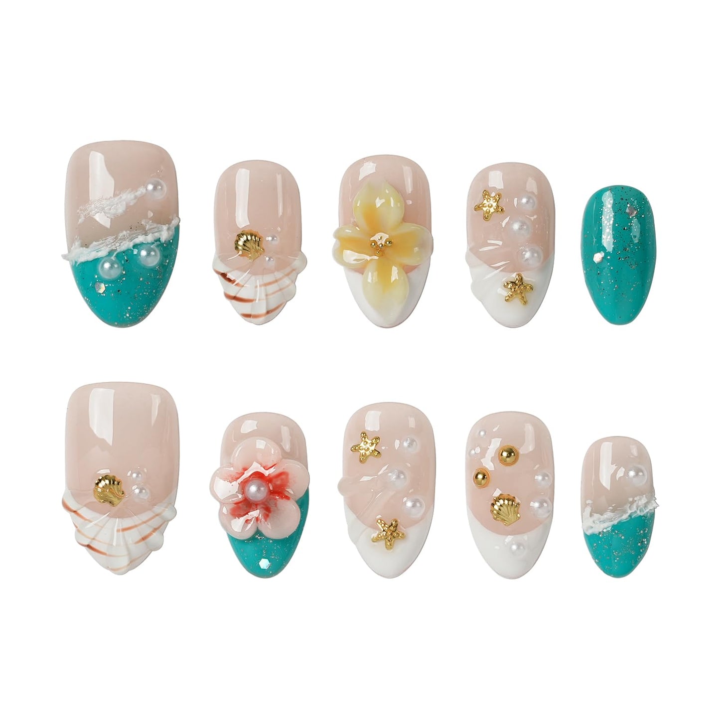 Tesytto Summer Beach Press on Nails Short Almond, 3D Floral Ocean Style, Reusable Summer Beach Stick On Nails for Women Nail Art (Sea Floral Island,M)