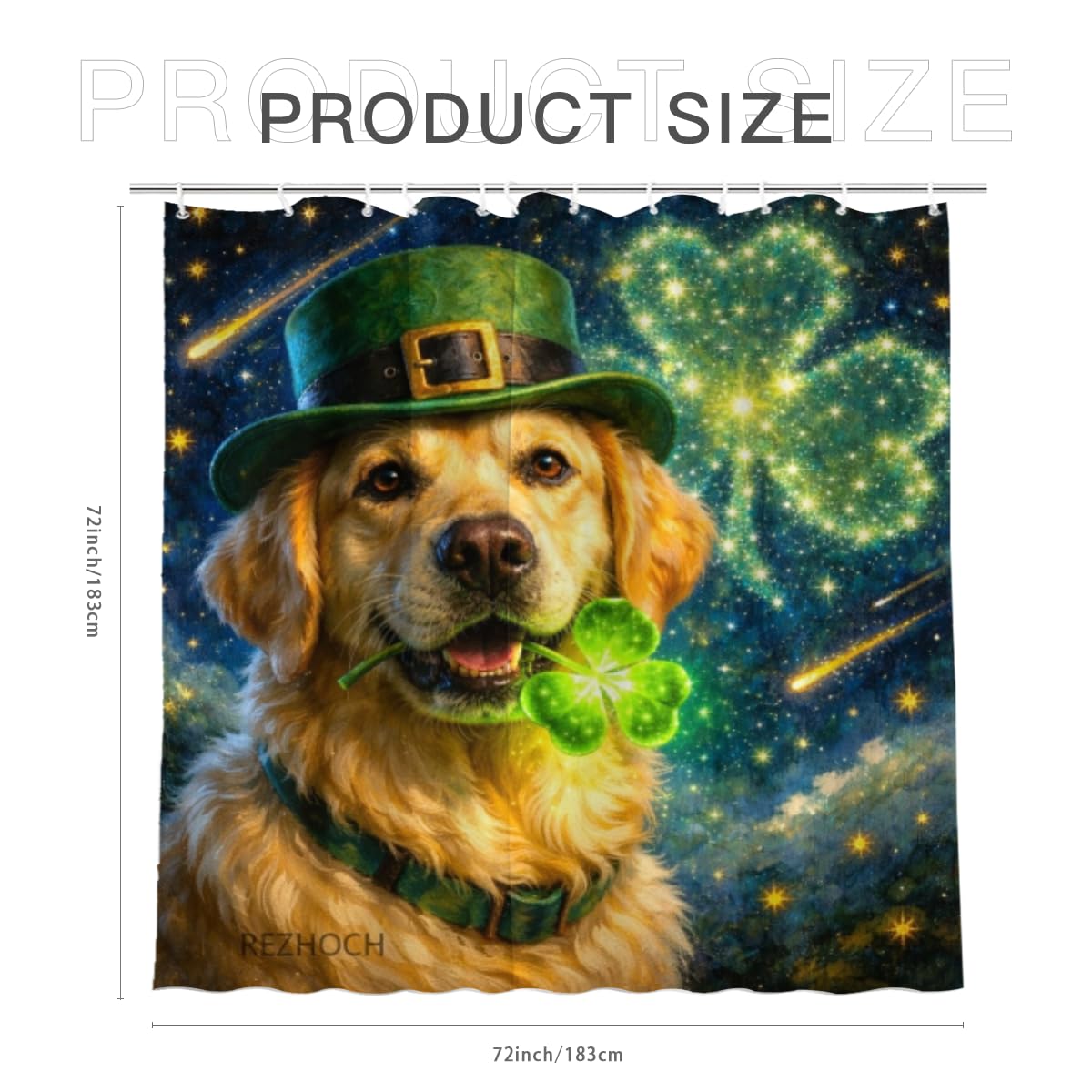 REZHOCH Funny Dog Shower Curtain Lucky Golden Retriever St. Patrick's Day Oil Painting Bath Curtain Decor Green Clover Starry Night Animal Home Bathroom Set 72x72Inch with 12 Hooks