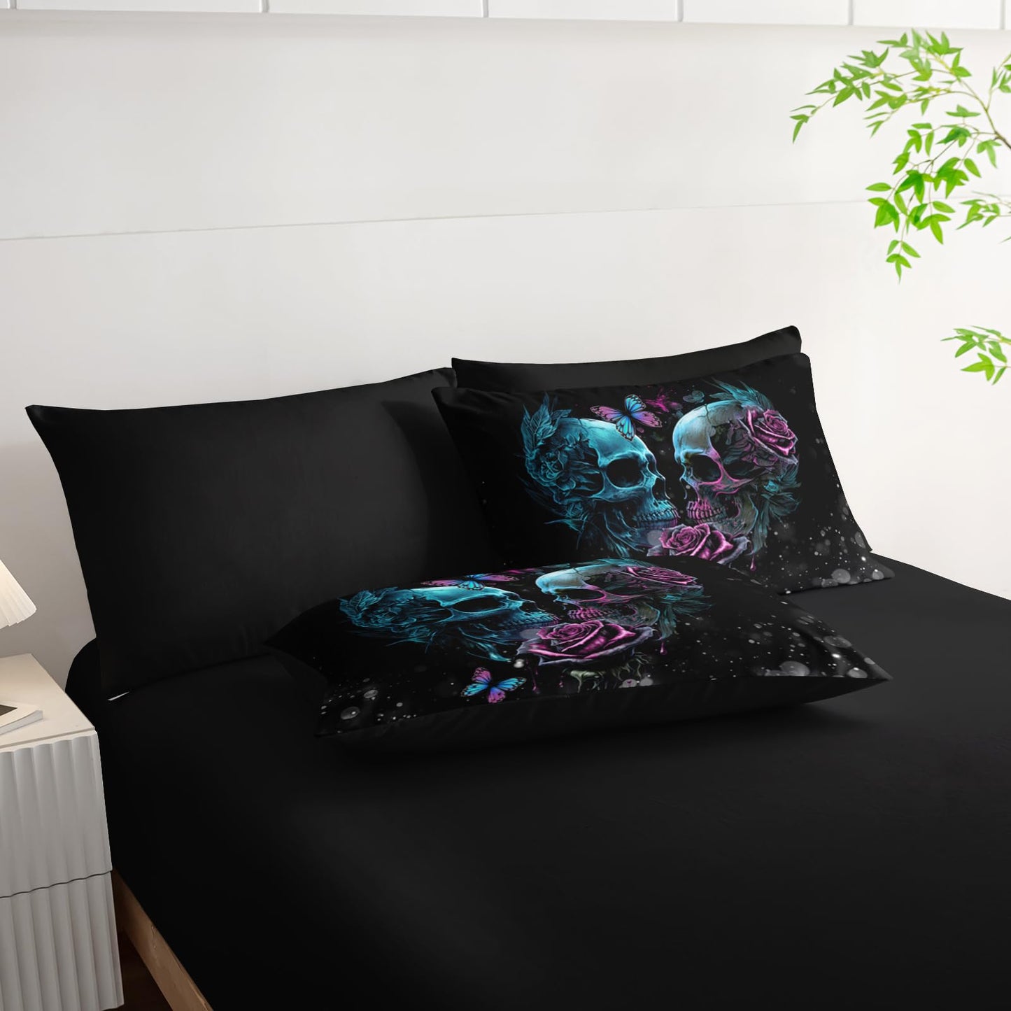 AILONEN Sugar Skull Comforter Set Twin Size,7-Piece Soft Bed in a Bag,Rose Skull Couple Black Comforter & Fitted Sheet & Flat Sheet & 2 Pillowcases,2 Pillow Shams for Bedroom