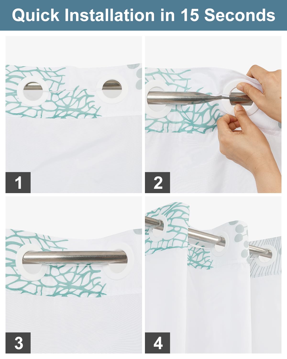 Xiazhilaio No Hook Shower Curtain with Snap in Liner Set - Sea Seashells, Starfish & Coral Print Shower Curtains for Coastal Nautical Ocean Bathroom, Waterproof Bath Curtain with Mesh Top, 71x74 Inch