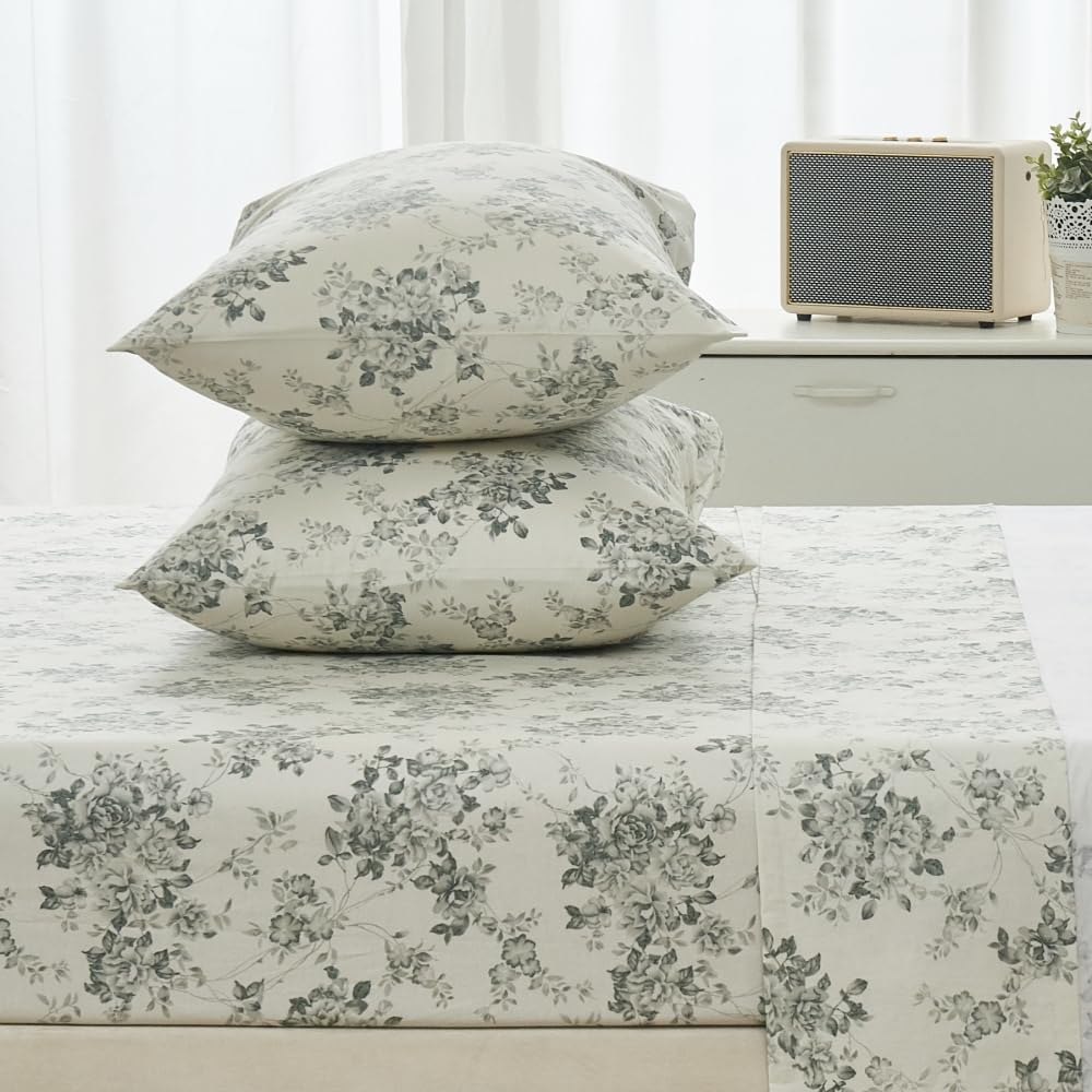 DAUAOTO 100% Cotton Bedding Printed Sheets Set for Full Size Bed Up to 14" Deep Mattress, Toile Rose Floral Pattern Bedlinen Sets, Gray