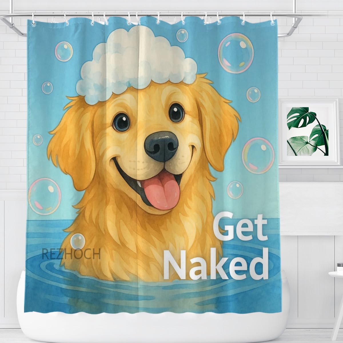 REZHOCH Funny Golden Retriever Shower Curtain Durable Waterproof Fabric Bathtub Sets Cute Animals Bath Time Bubbles Playful Get Naked Art Home Bathroom Decor 72x72inch with 12 Hooks