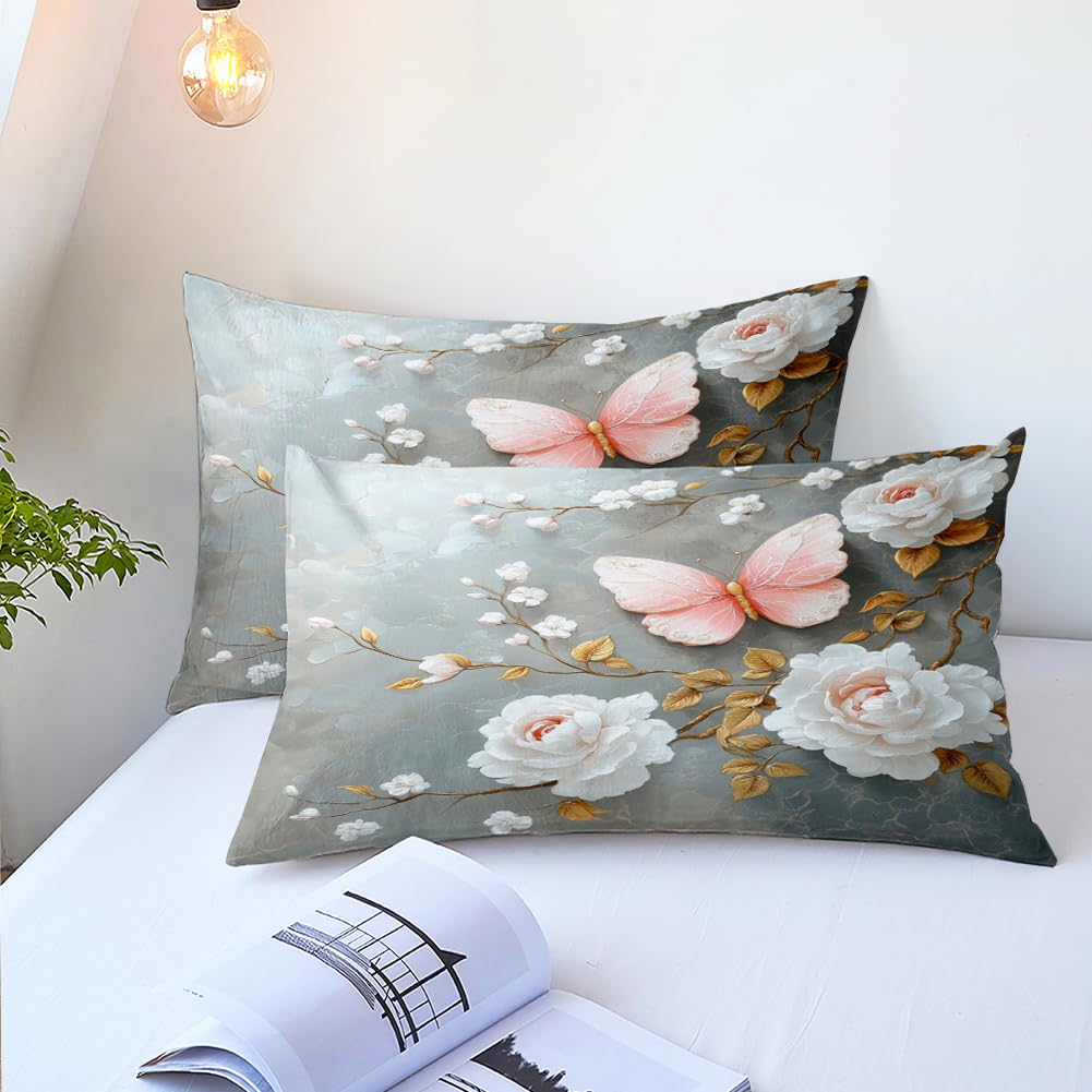CCoutueChen Floral Butterfly Comforter Set Queen White Flower Pink Butterflies on Gray Marble Bedding Set for Women Men Modern Aesthetic Bedding Soft Lightweight 90x90 Comforter with 2 Pillowcases