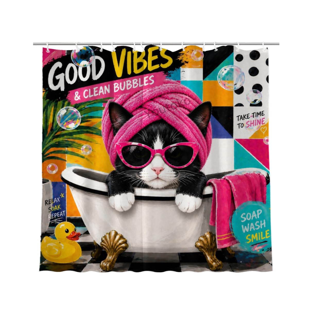 Youtoko Funny Tuxedo Cat Shower Curtain with Sunglasses and Towel in Bubble Bath 72x72 12 Hooks Waterproof Washable Polyester Bathroom Decor